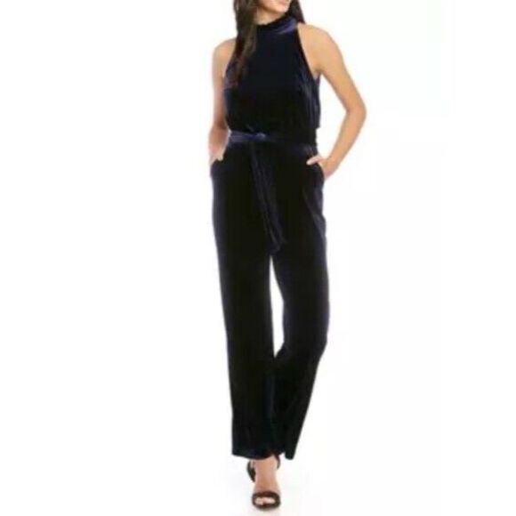 VINCE CAMUTO Blue Ruffle Neck Velvet High‎ Neck Tie Belt Pants Jumpsuit Size 12? - Picture 1 of 16